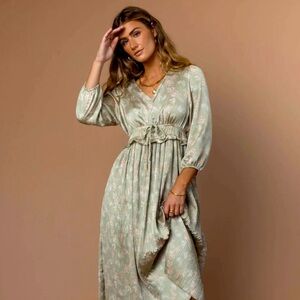 Bohme Sage Green Midi Dress with Long Sleeves